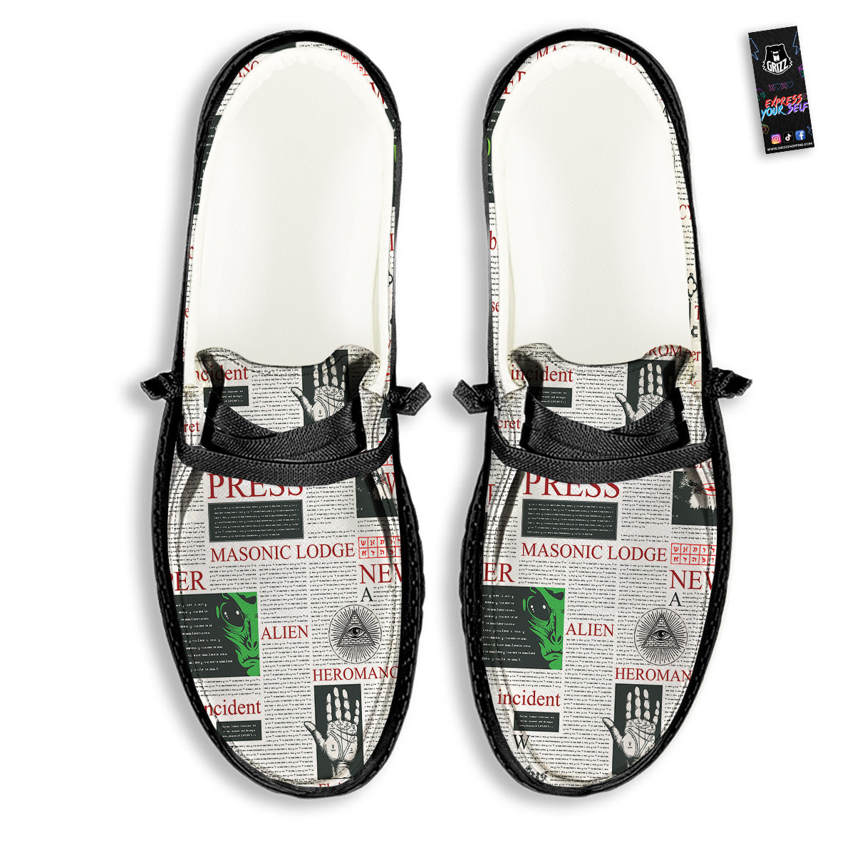 Newspaper Aliens Topic Print Pattern Black Loafers-grizzshop