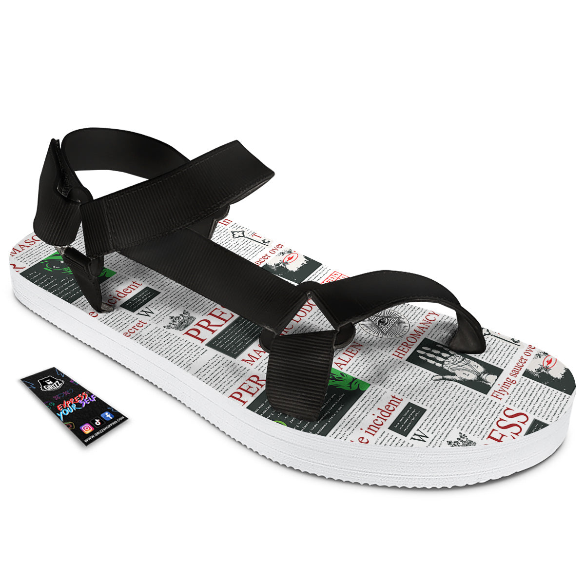 Newspaper Aliens Topic Print Pattern Black Open Toe Sandals-grizzshop