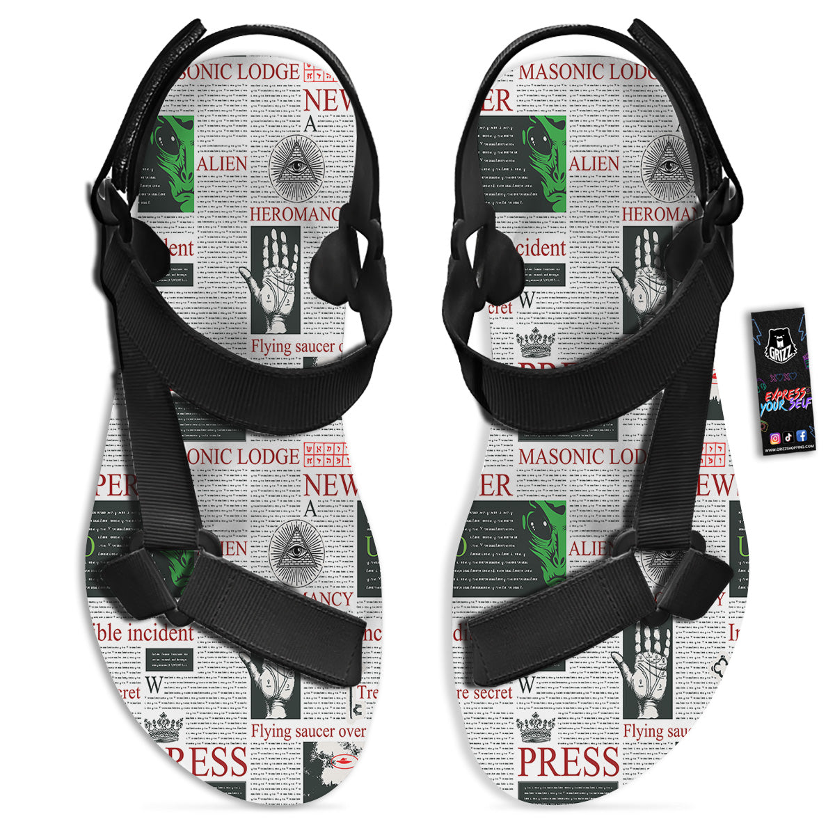 Newspaper Aliens Topic Print Pattern Black Open Toe Sandals-grizzshop