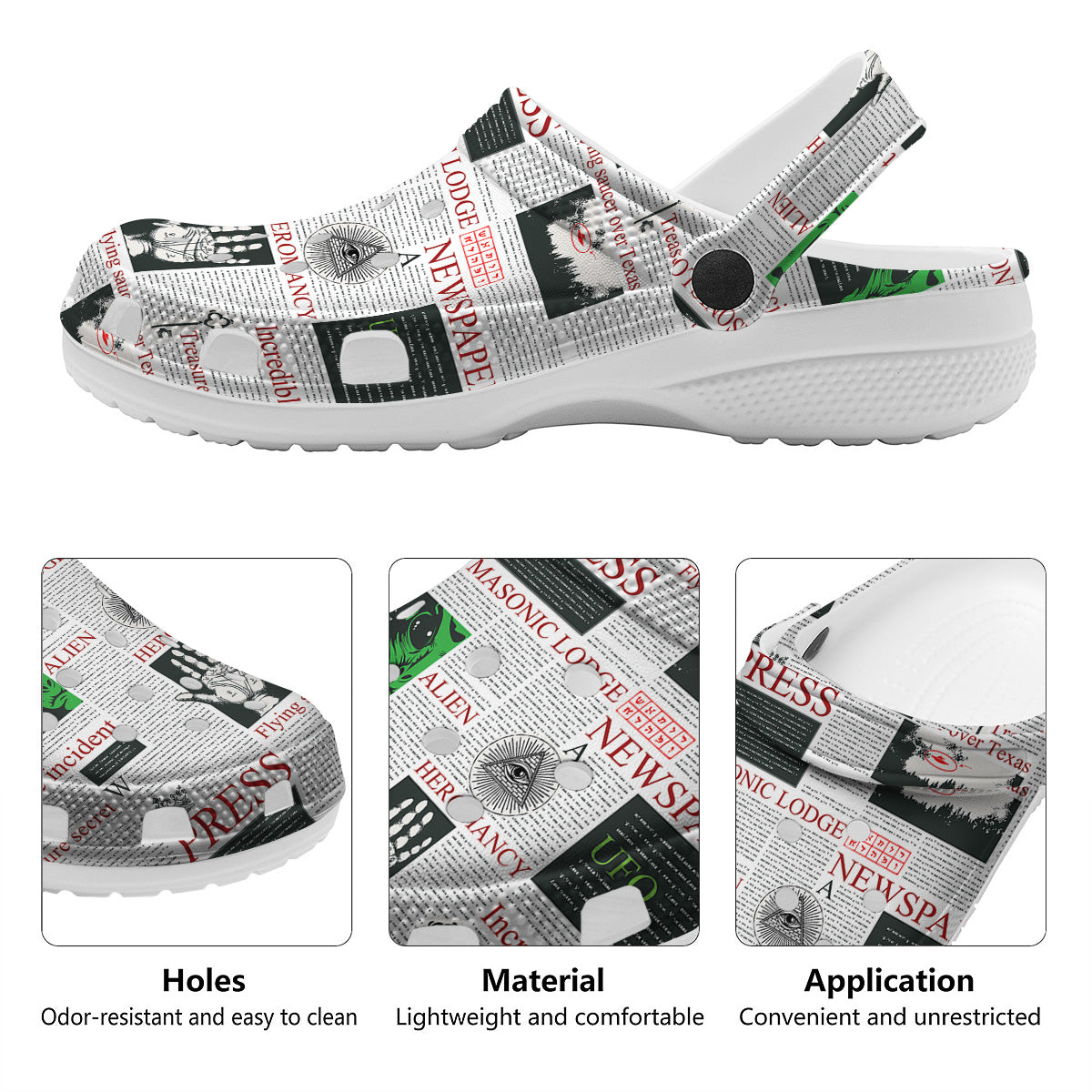 Newspaper Aliens Topic Print Pattern Clog-grizzshop