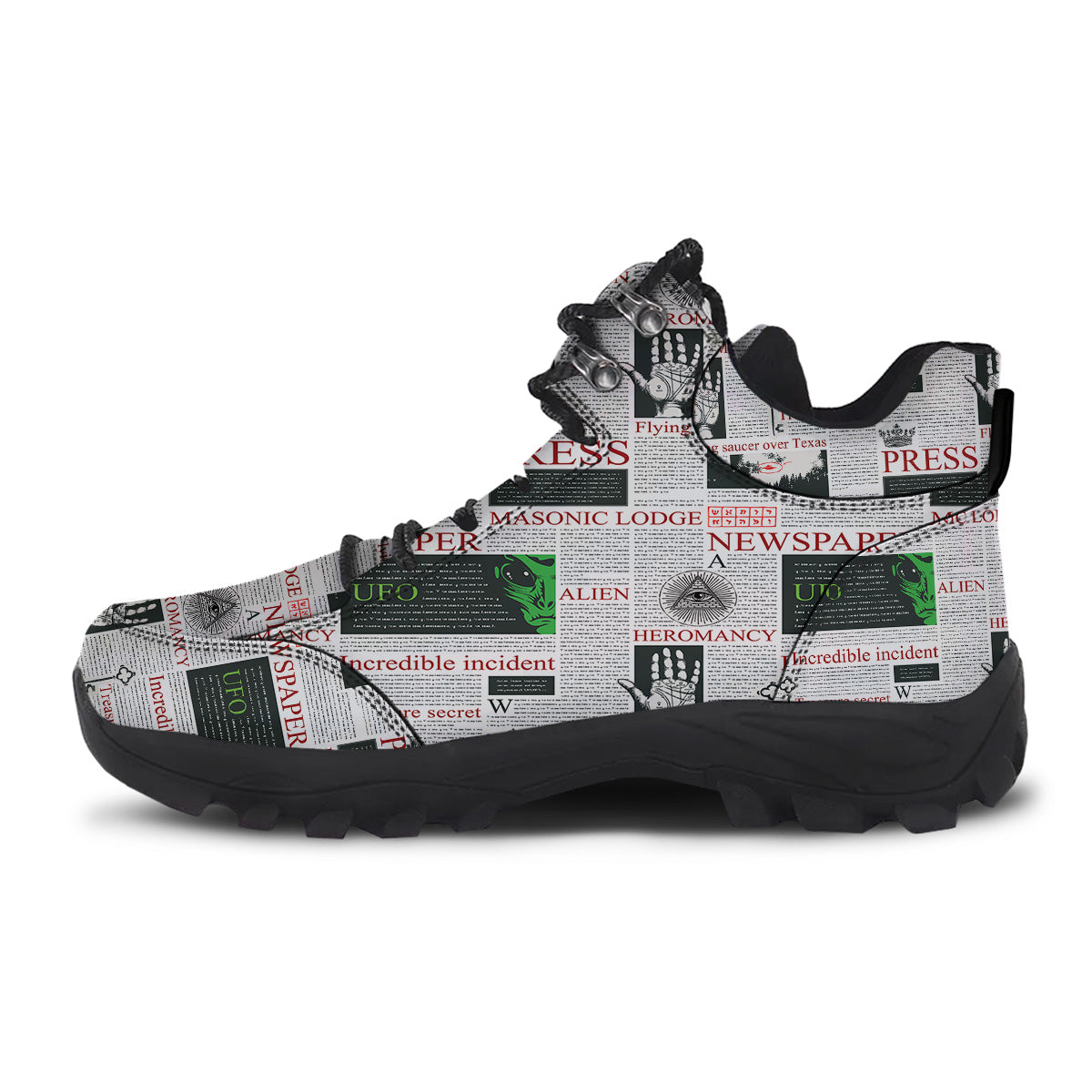 Newspaper Aliens Topic Print Pattern Hiking Shoes-grizzshop