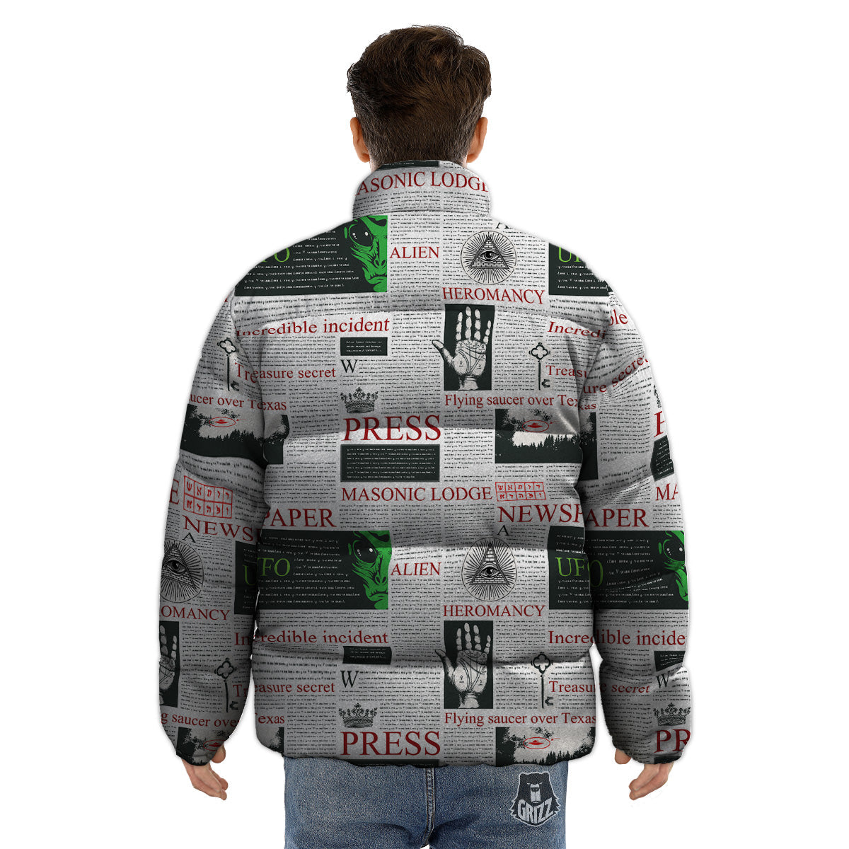 Newspaper Aliens Topic Print Pattern Puffer Jacket-grizzshop