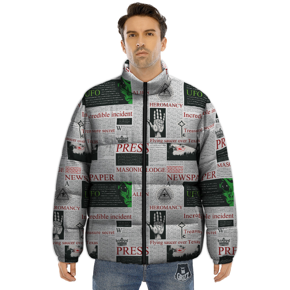 Newspaper Aliens Topic Print Pattern Puffer Jacket-grizzshop
