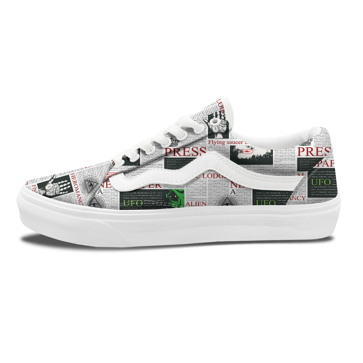 Newspaper Aliens Topic Print Pattern Skate Shoes-grizzshop