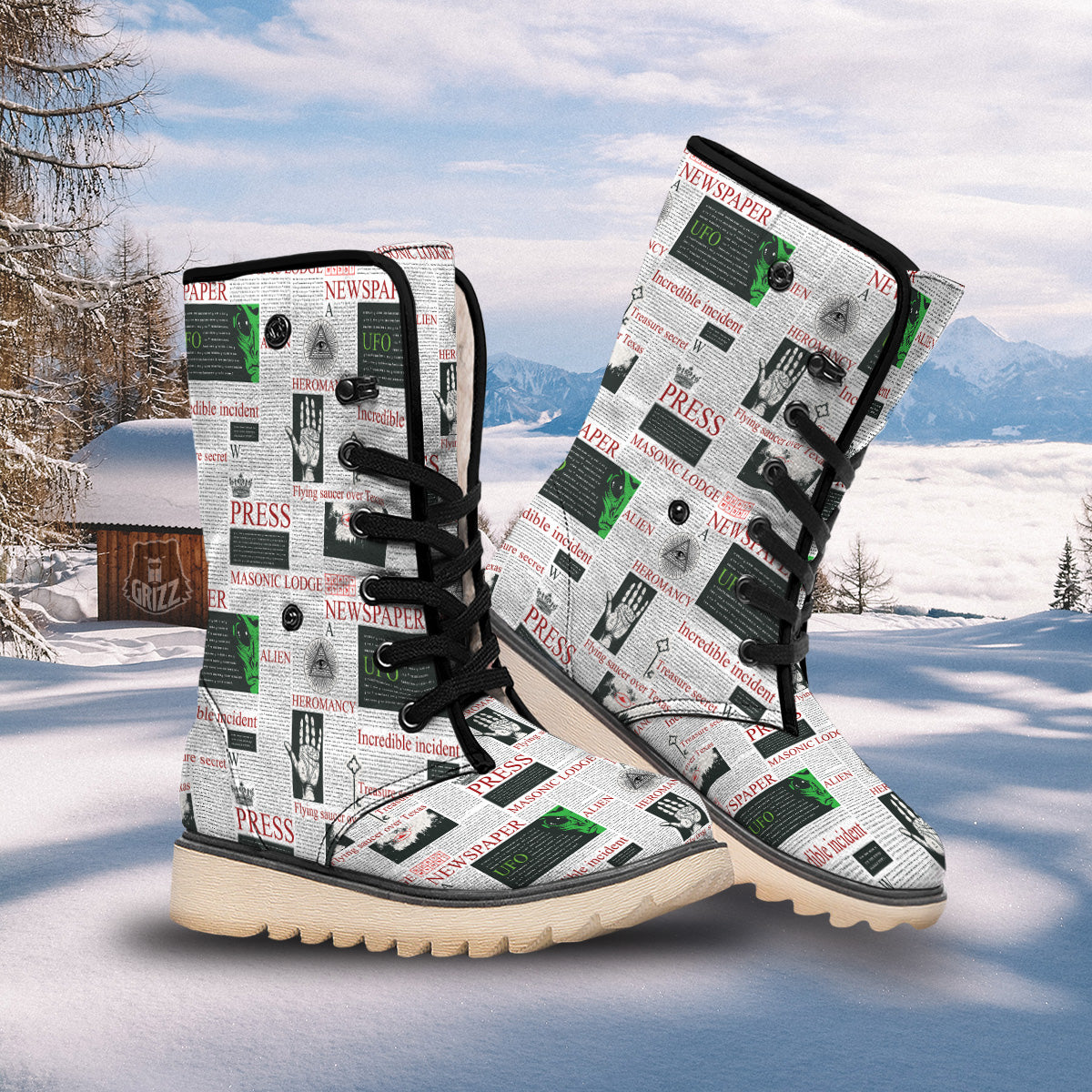 Newspaper Aliens Topic Print Pattern Snow Boots-grizzshop