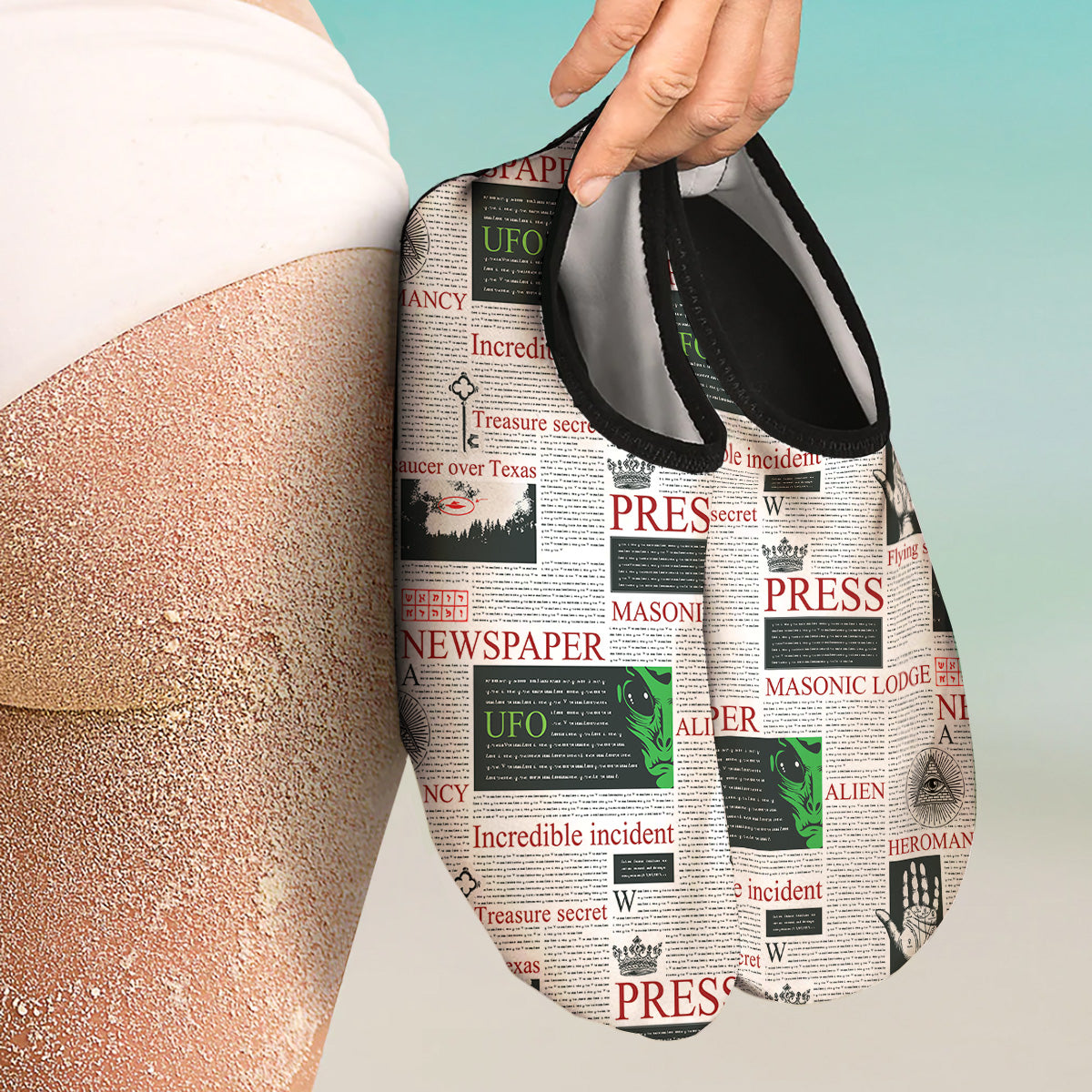 Newspaper Aliens Topic Print Pattern Water Shoes-grizzshop