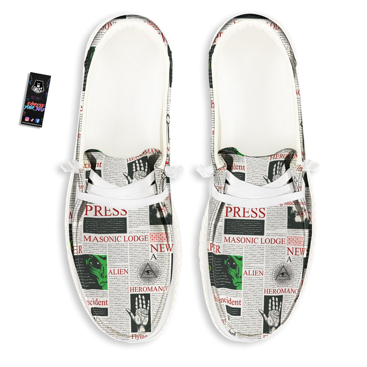 Newspaper Aliens Topic Print Pattern White Loafers-grizzshop