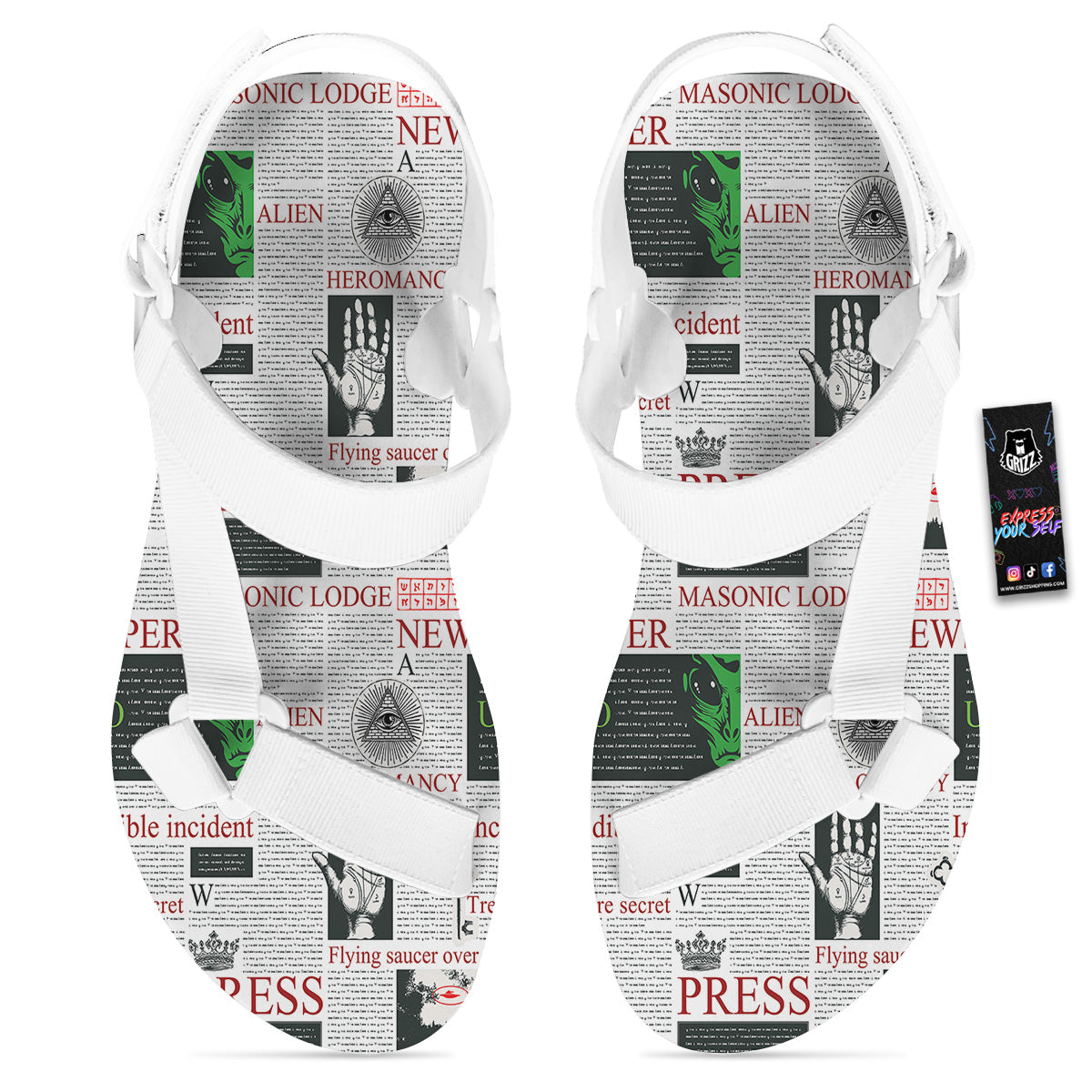 Newspaper Aliens Topic Print Pattern White Open Toe Sandals-grizzshop