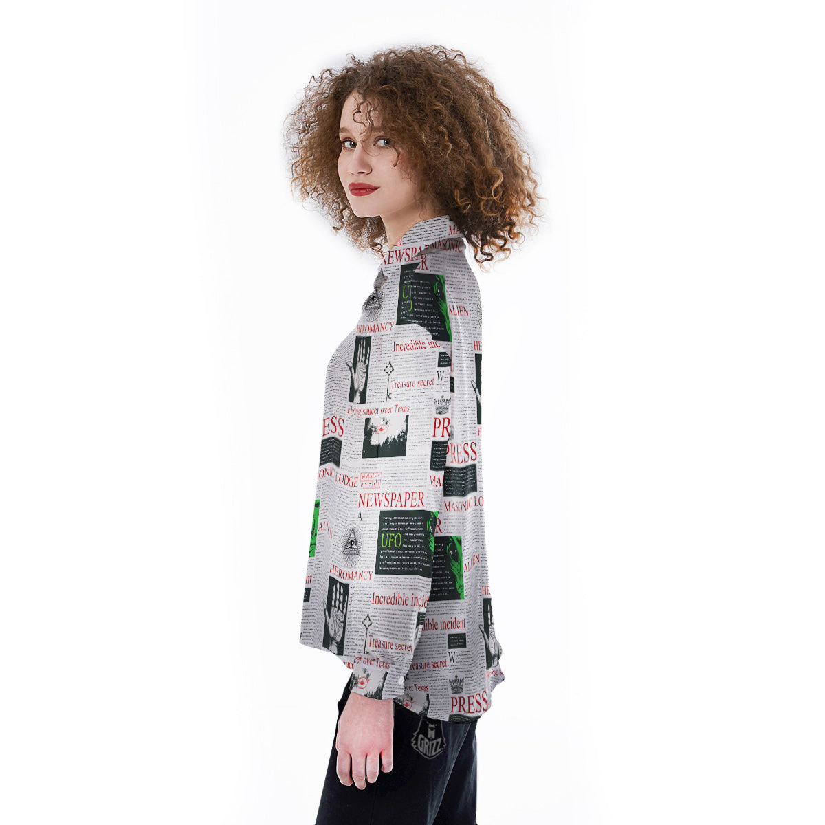Newspaper Aliens Topic Print Pattern Women's Long Sleeve Shirts-grizzshop