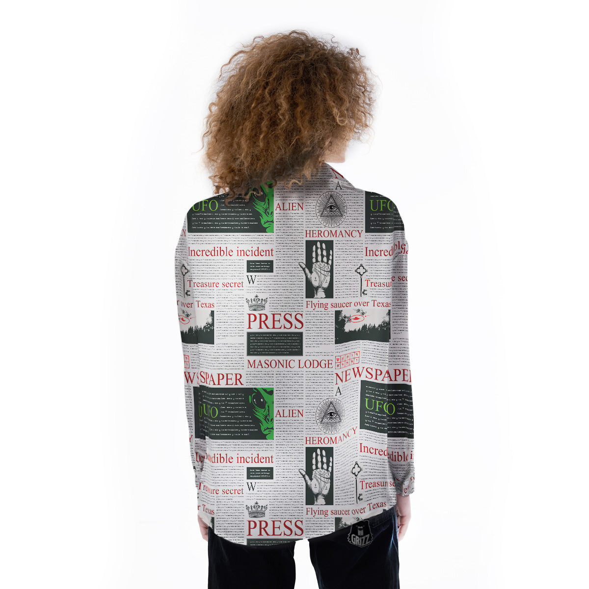 Newspaper Aliens Topic Print Pattern Women's Long Sleeve Shirts-grizzshop