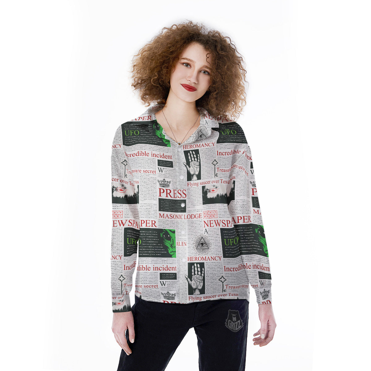 Newspaper Aliens Topic Print Pattern Women's Long Sleeve Shirts-grizzshop