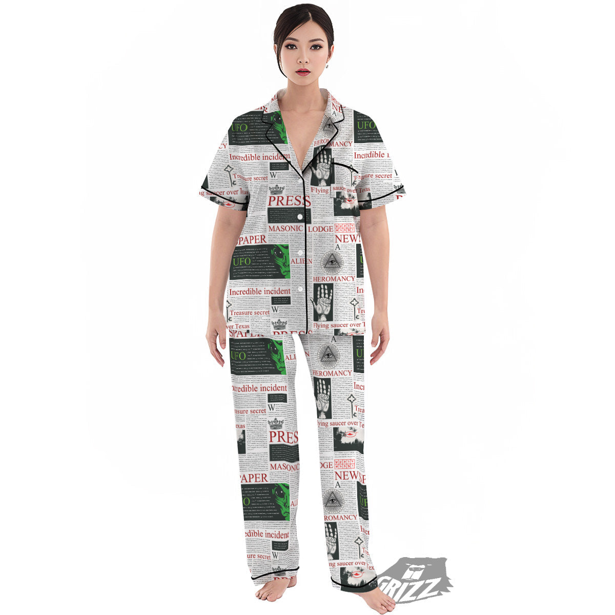 Newspaper Aliens Topic Print Pattern Women's Pajamas Set-grizzshop