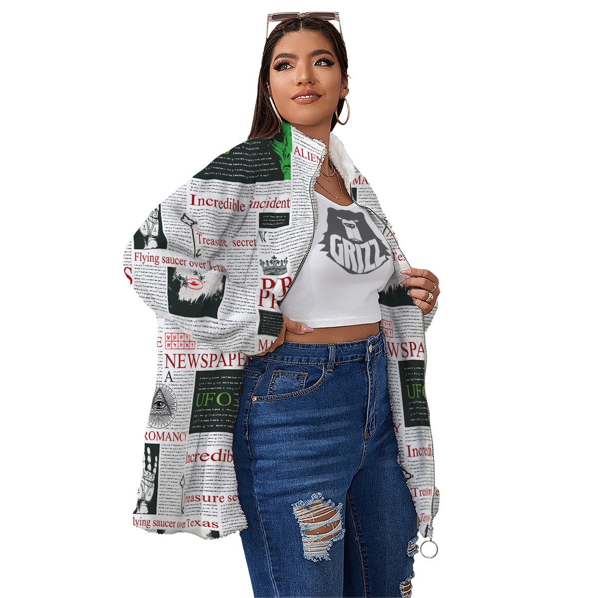 Newspaper Aliens Topic Print Pattern Women's Sherpa Jacket-grizzshop