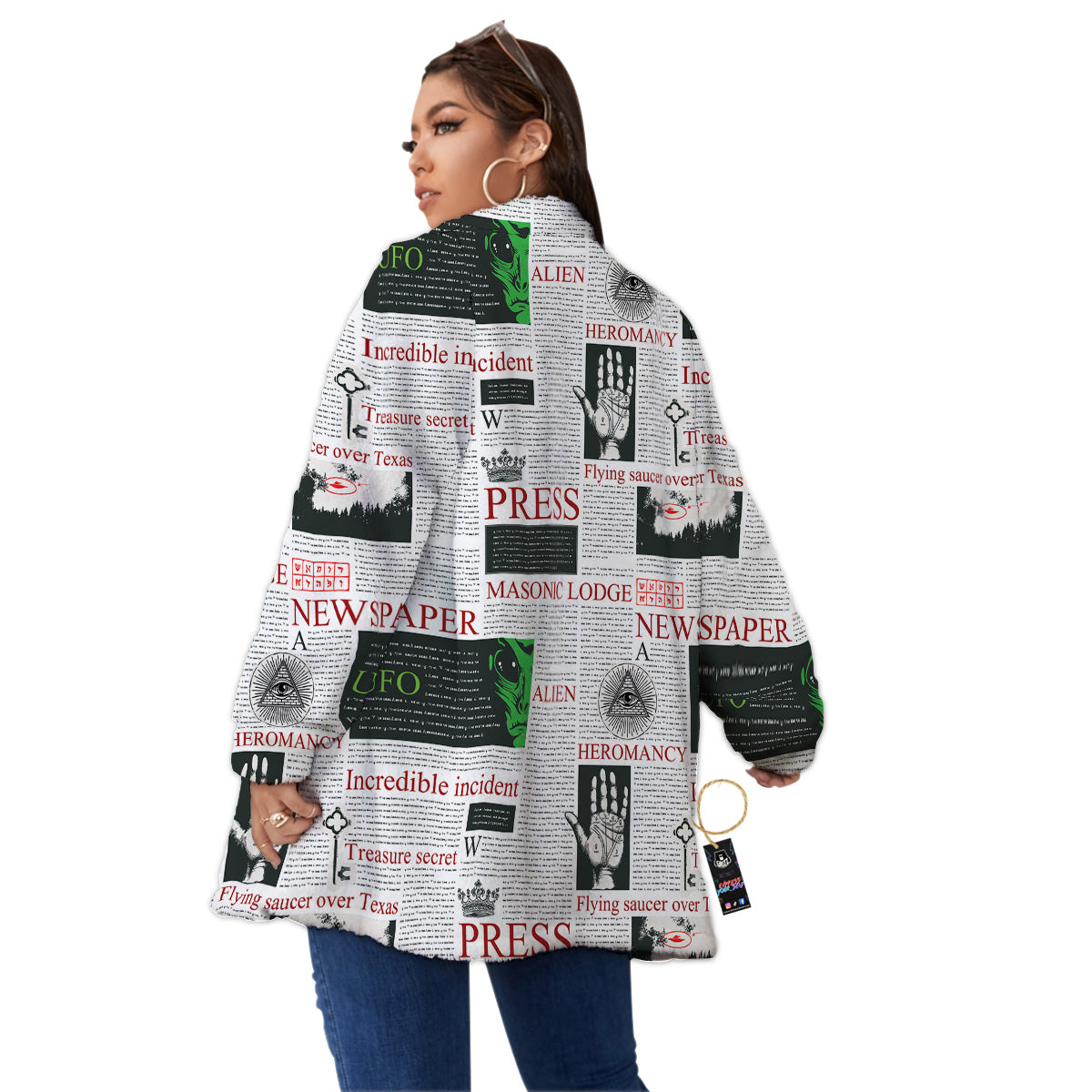 Newspaper Aliens Topic Print Pattern Women's Sherpa Jacket-grizzshop