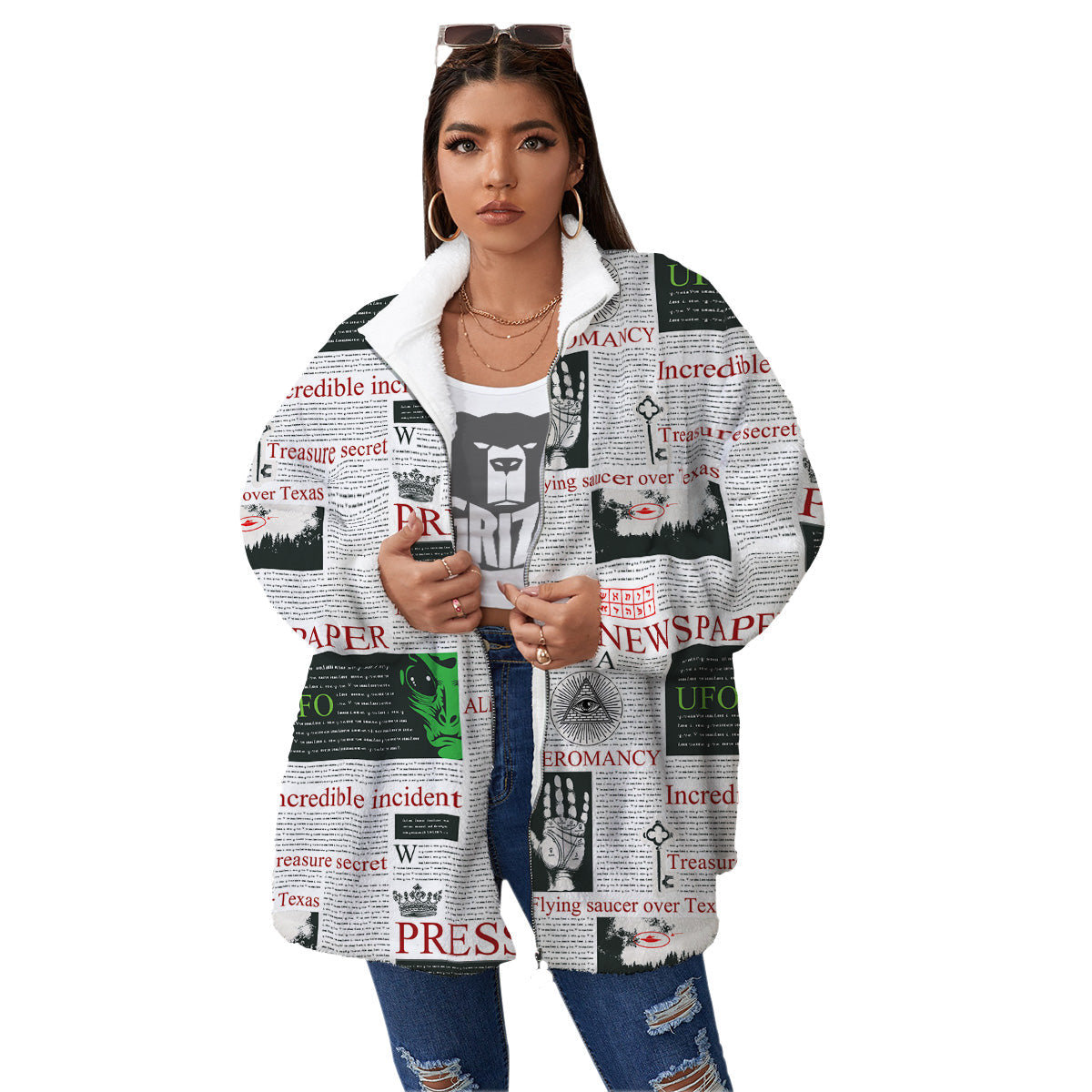 Newspaper Aliens Topic Print Pattern Women's Sherpa Jacket-grizzshop