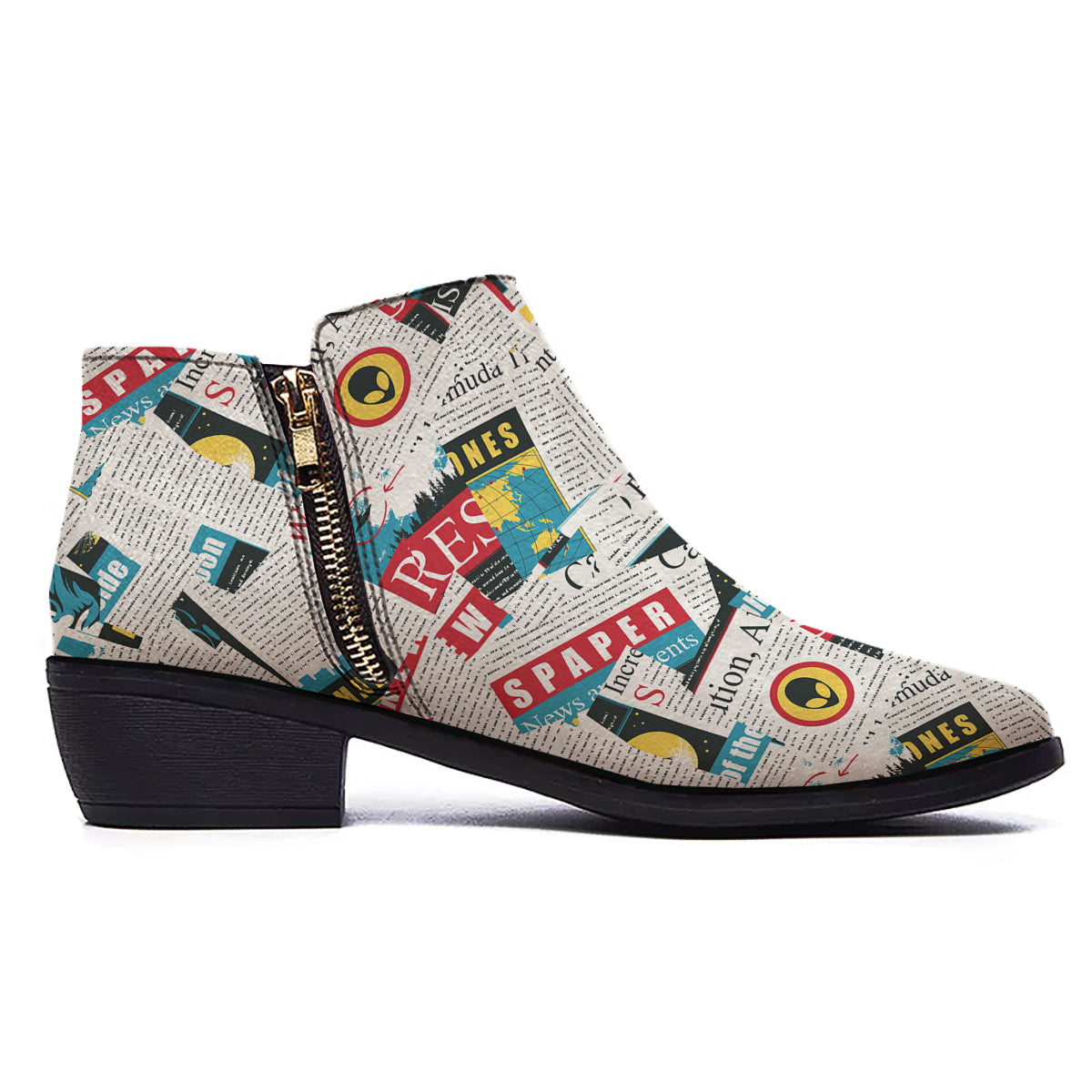 Newspaper Clippings On Aliens Topic Colorful Print Pattern Ankle Boots-grizzshop