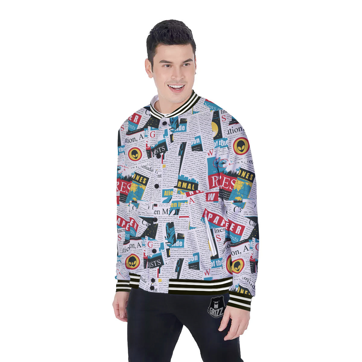 Newspaper Clippings On Aliens Topic Colorful Print Pattern Baseball Jacket-grizzshop