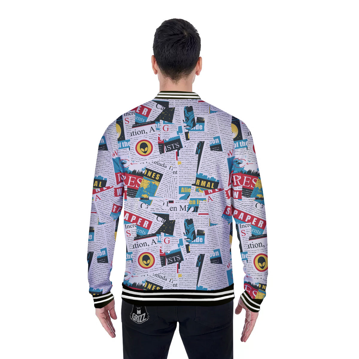 Newspaper Clippings On Aliens Topic Colorful Print Pattern Baseball Jacket-grizzshop