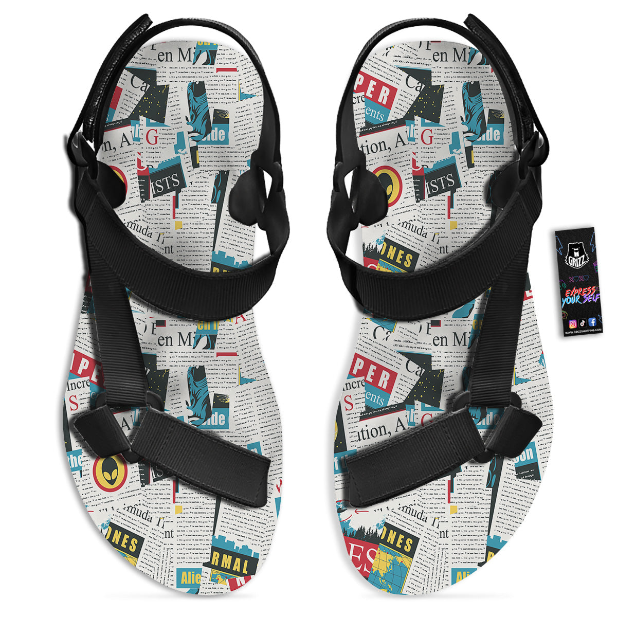 Newspaper Clippings On Aliens Topic Colorful Print Pattern Black Open Toe Sandals-grizzshop