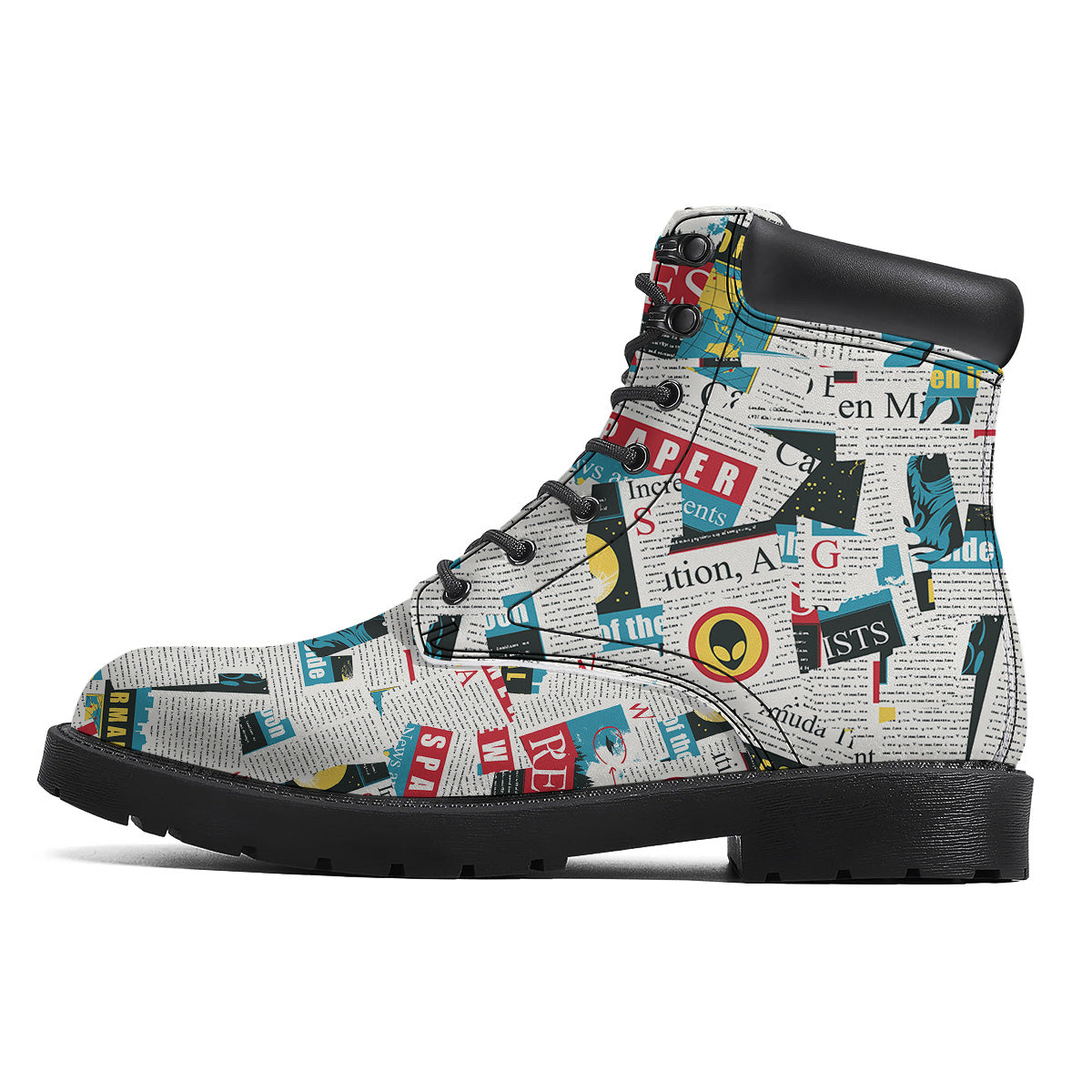 Newspaper Clippings On Aliens Topic Colorful Print Pattern Boots-grizzshop