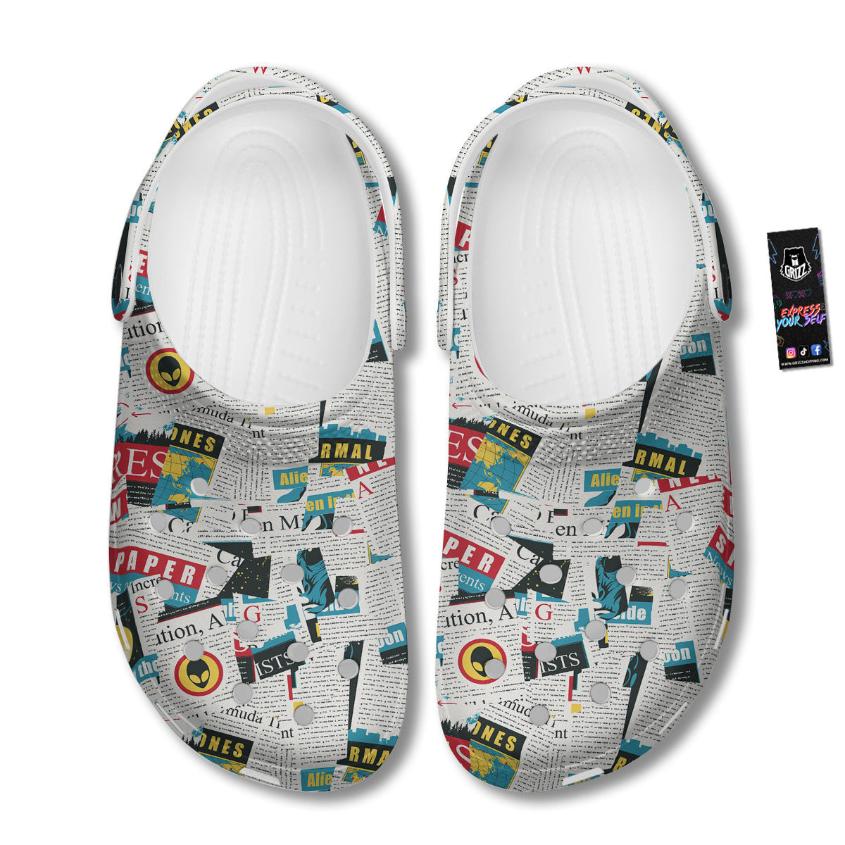 Newspaper Clippings On Aliens Topic Colorful Print Pattern Clog-grizzshop