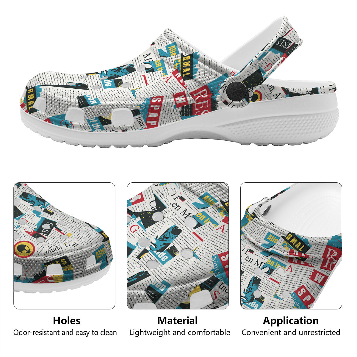 Newspaper Clippings On Aliens Topic Colorful Print Pattern Clog-grizzshop