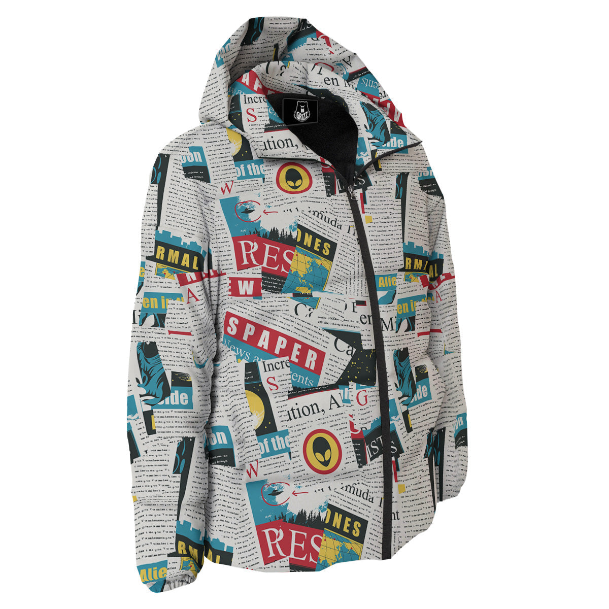 Newspaper Clippings On Aliens Topic Colorful Print Pattern Down Jacket-grizzshop