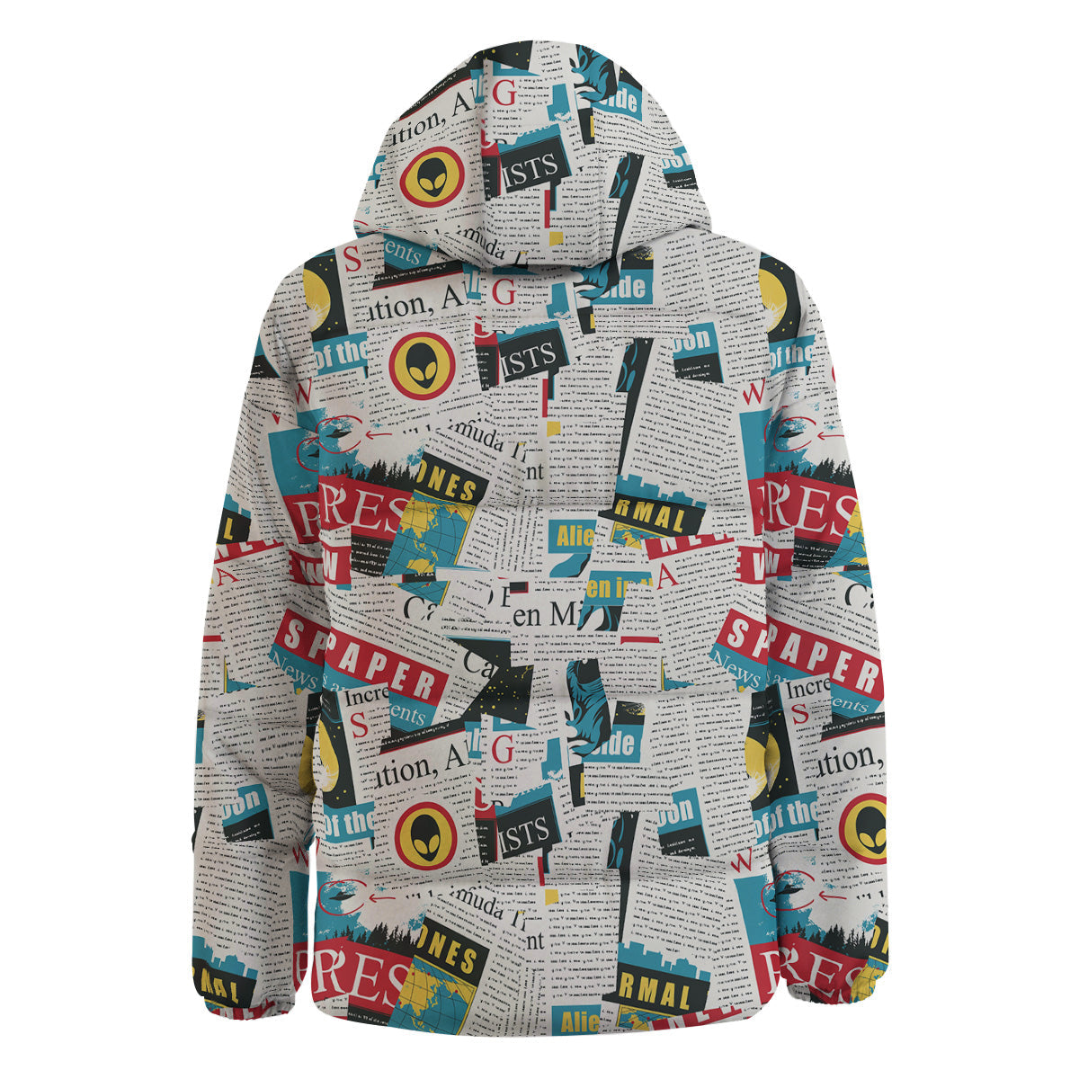 Newspaper Clippings On Aliens Topic Colorful Print Pattern Down Jacket-grizzshop