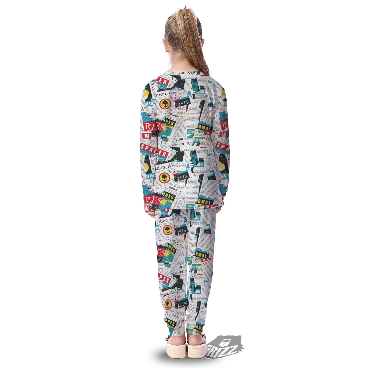 Newspaper Clippings On Aliens Topic Colorful Print Pattern Kid's Pajamas-grizzshop
