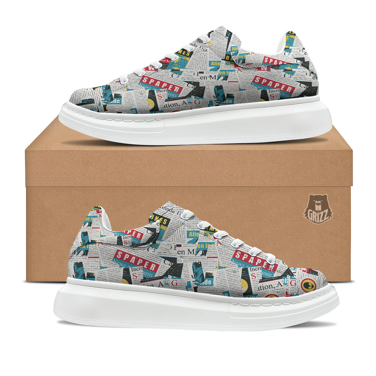 Newspaper Clippings On Aliens Topic Colorful Print Pattern Platform Shoes-grizzshop