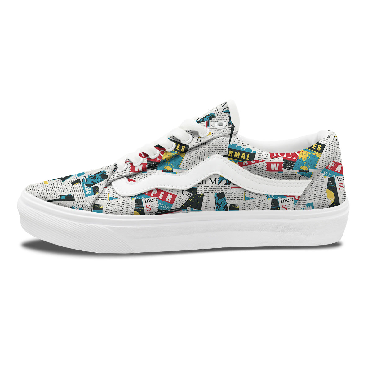 Newspaper Clippings On Aliens Topic Colorful Print Pattern Skate Shoes-grizzshop
