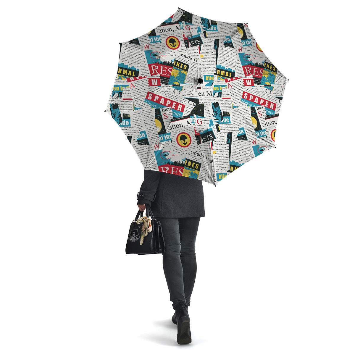 Newspaper Clippings On Aliens Topic Colorful Print Pattern Umbrella-grizzshop