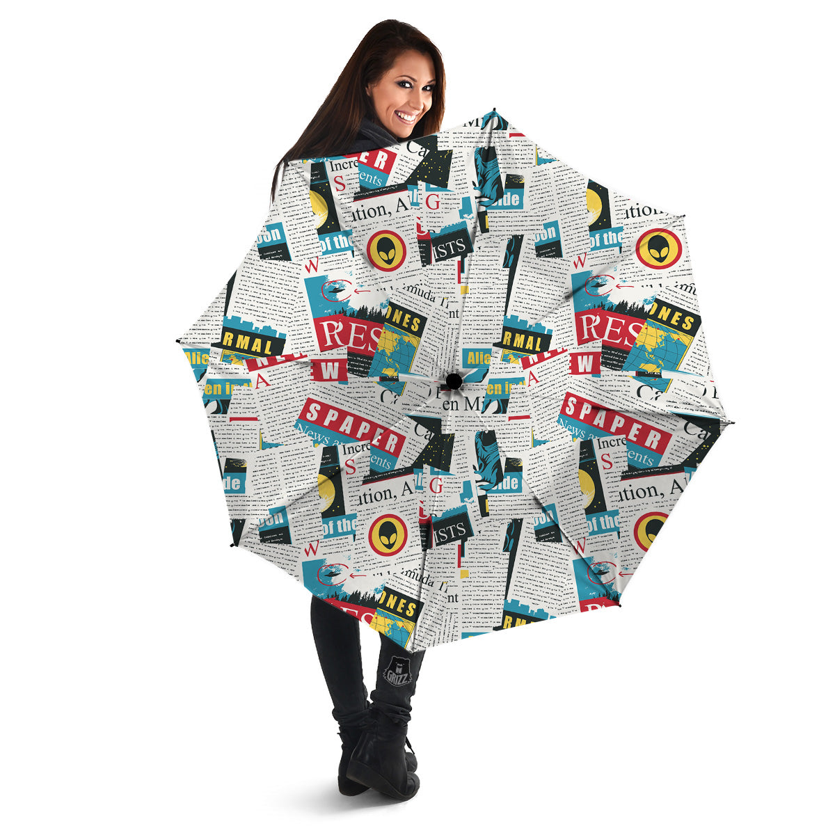 Newspaper Clippings On Aliens Topic Colorful Print Pattern Umbrella-grizzshop