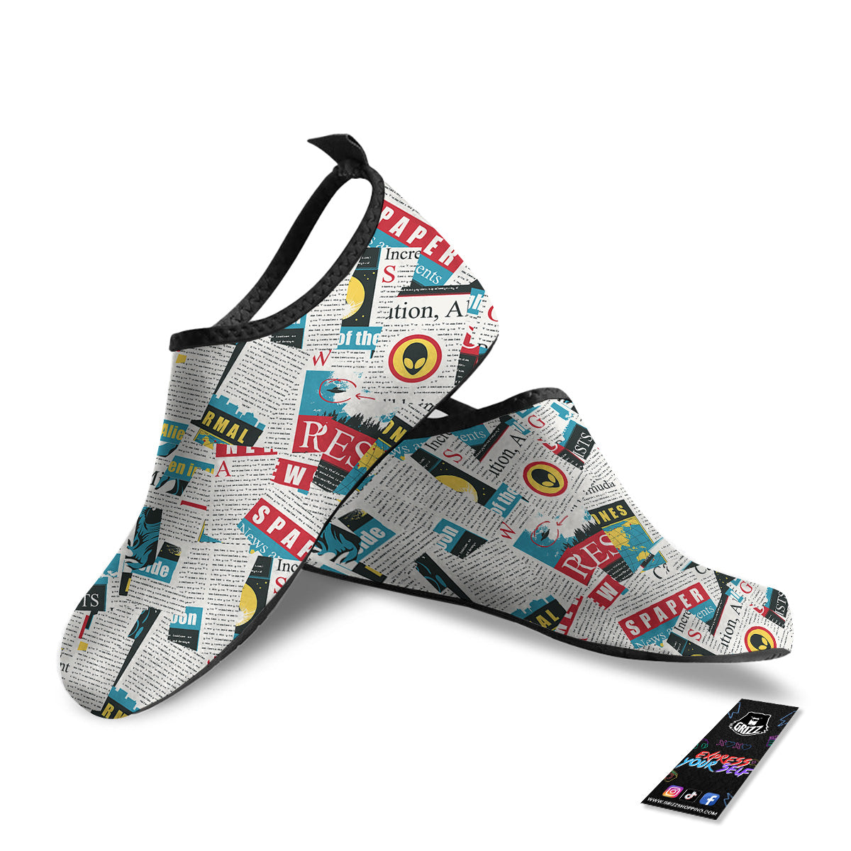 Newspaper Clippings On Aliens Topic Colorful Print Pattern Water Shoes-grizzshop