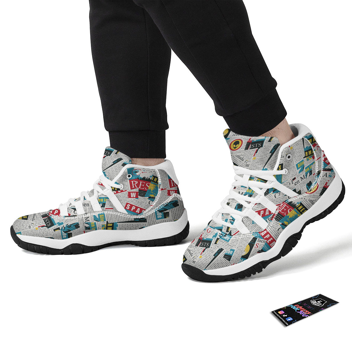 Newspaper Clippings On Aliens Topic Colorful Print Pattern White Bball Shoes-grizzshop