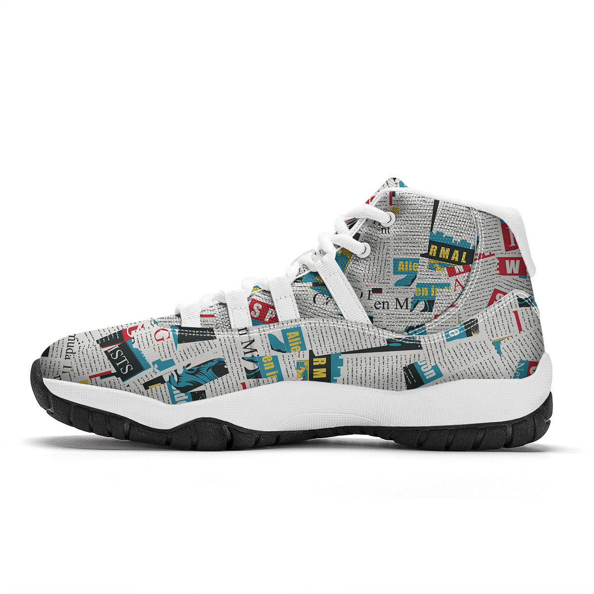 Newspaper Clippings On Aliens Topic Colorful Print Pattern White Bball Shoes-grizzshop