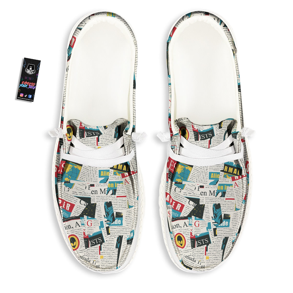Newspaper Clippings On Aliens Topic Colorful Print Pattern White Loafers-grizzshop