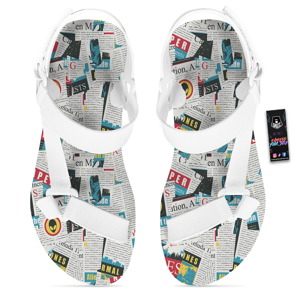 Newspaper Clippings On Aliens Topic Colorful Print Pattern White Open Toe Sandals-grizzshop