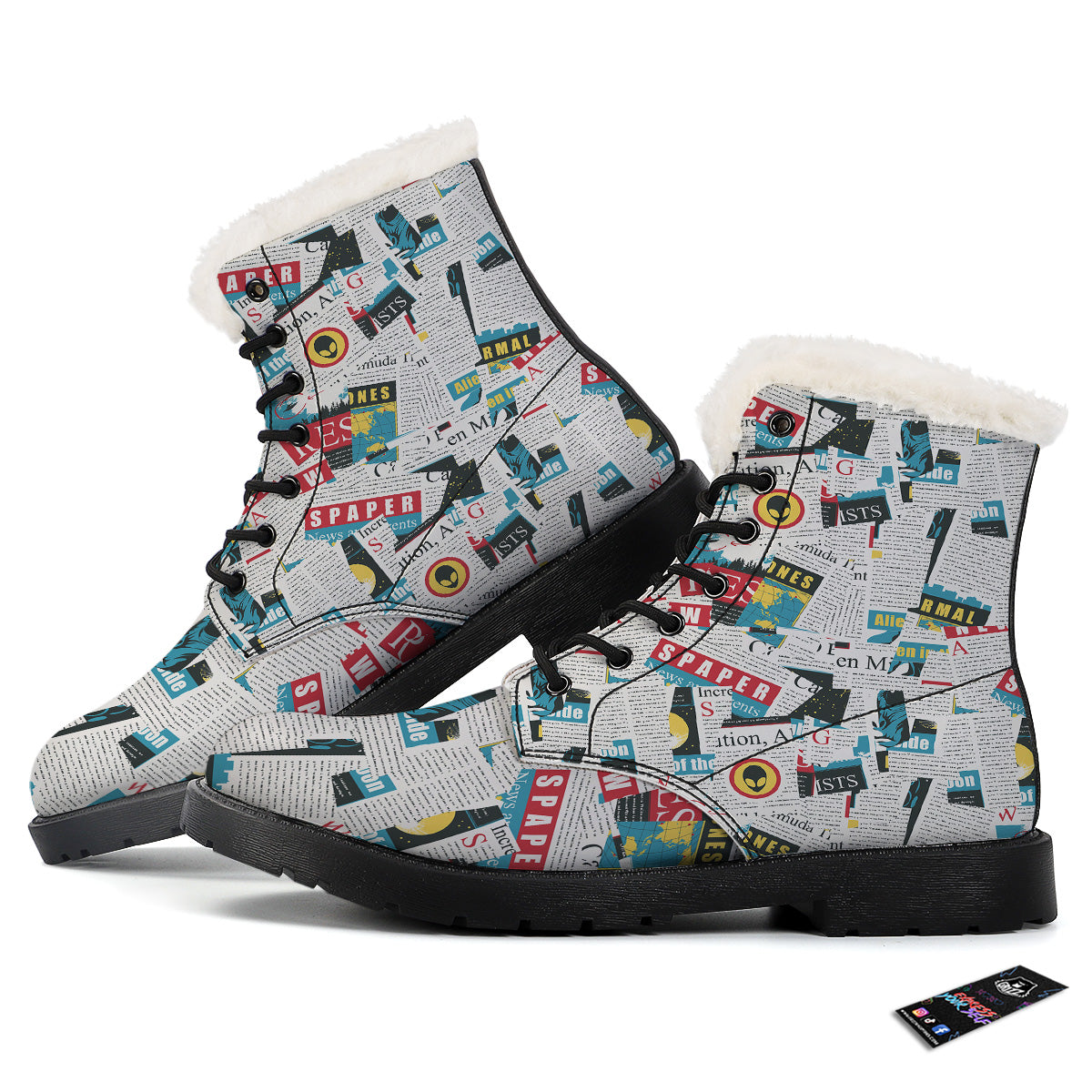 Newspaper Clippings On Aliens Topic Colorful Print Pattern Winter Boots-grizzshop