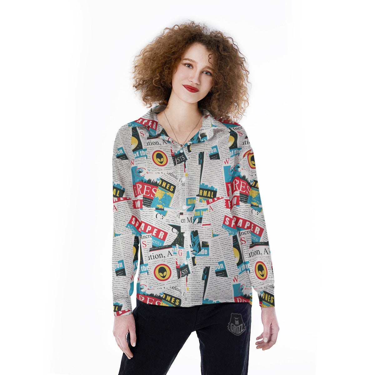 Newspaper Clippings On Aliens Topic Colorful Print Pattern Women's Long Sleeve Shirts-grizzshop