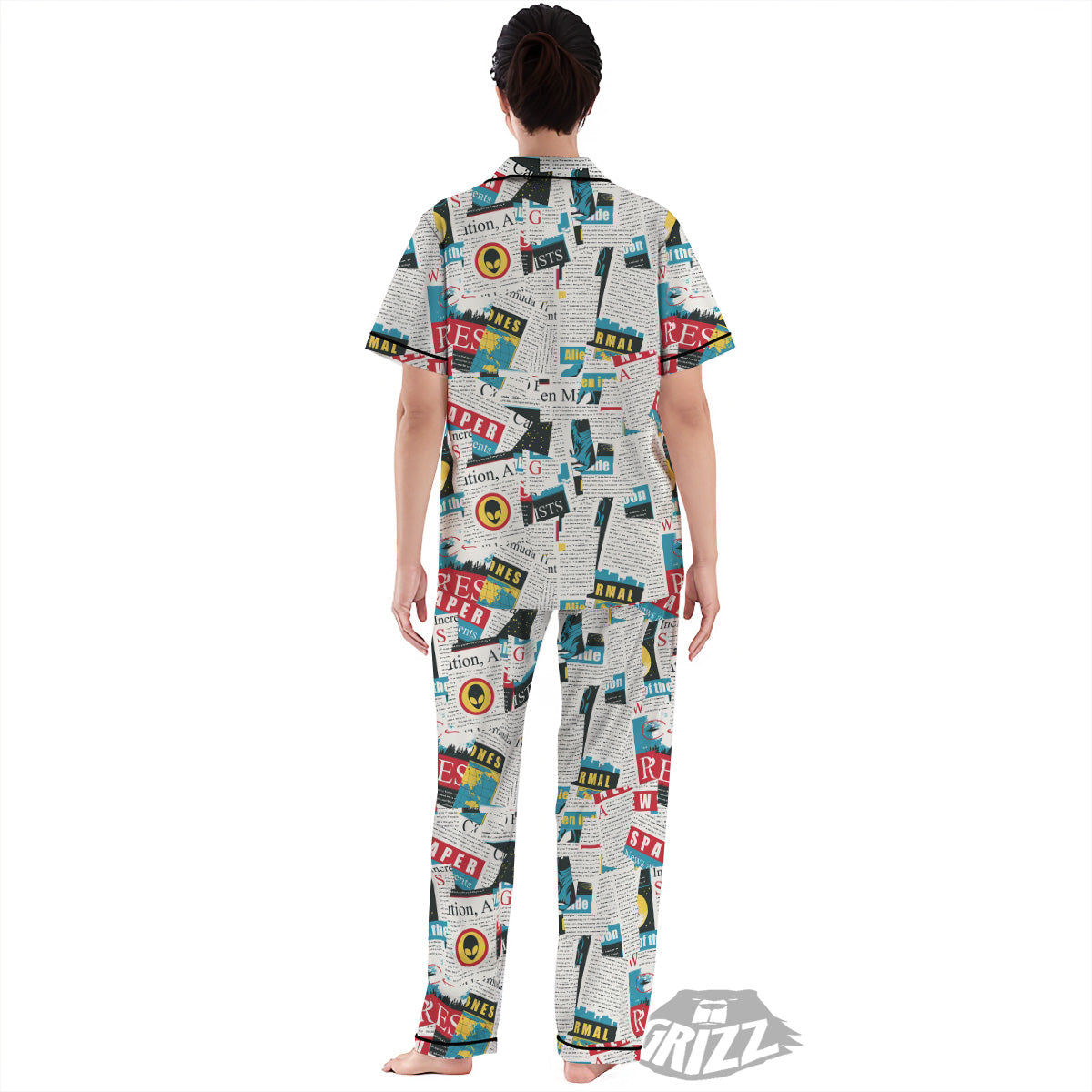 Newspaper Clippings On Aliens Topic Colorful Print Pattern Women's Pajamas Set-grizzshop