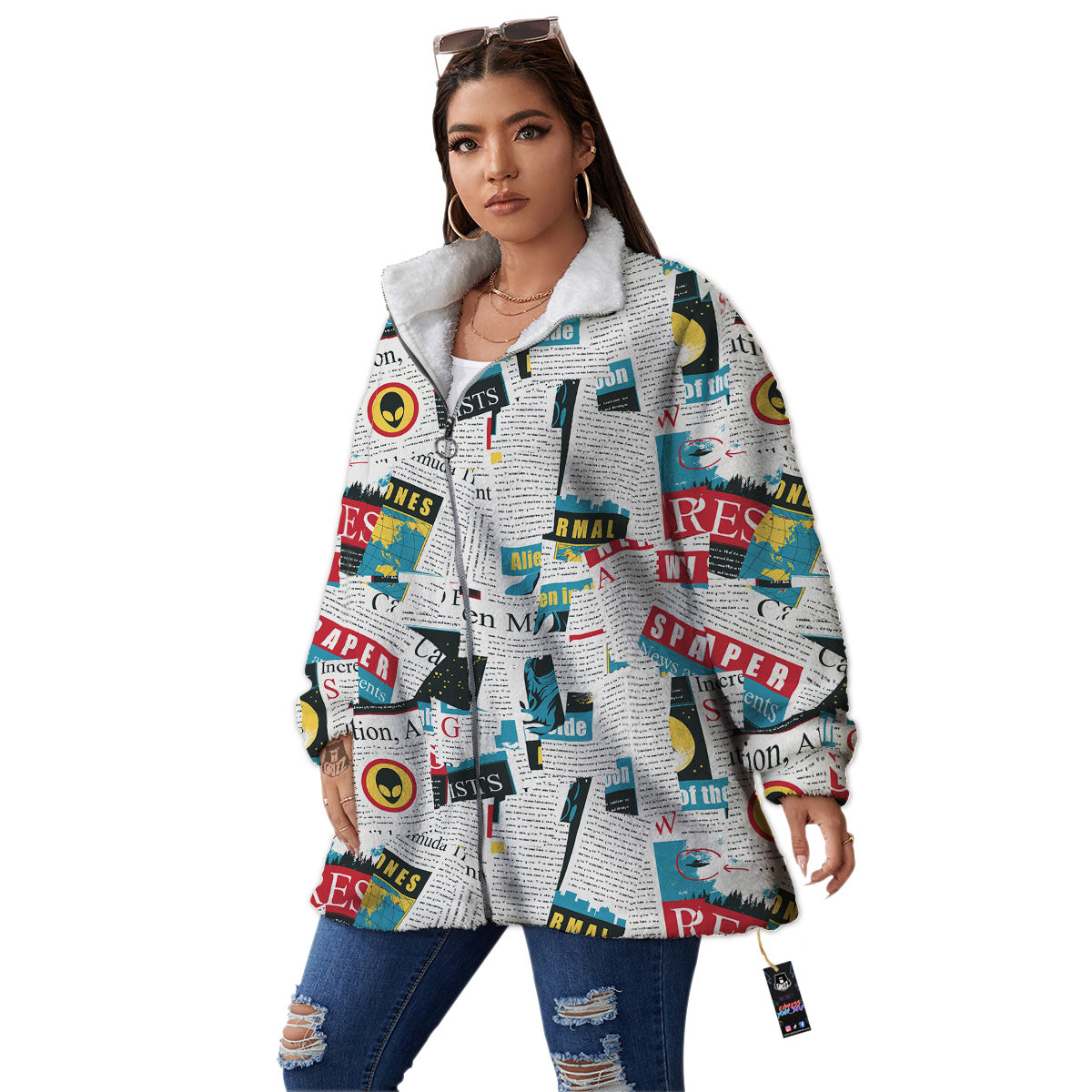 Newspaper Clippings On Aliens Topic Colorful Print Pattern Women's Sherpa Jacket-grizzshop