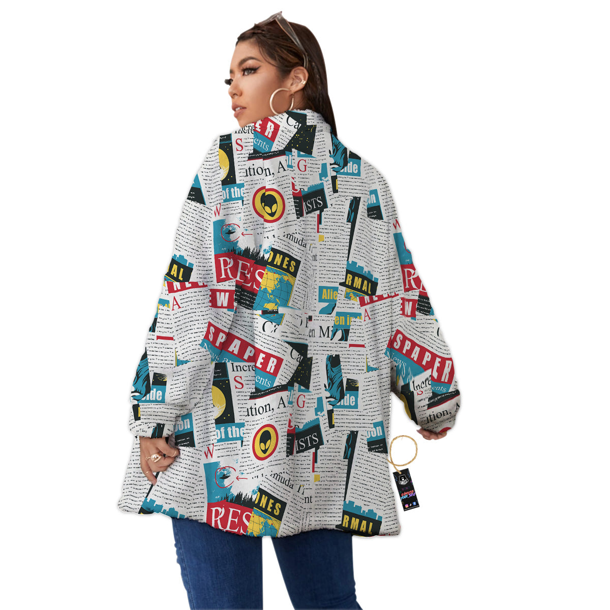 Newspaper Clippings On Aliens Topic Colorful Print Pattern Women's Sherpa Jacket-grizzshop