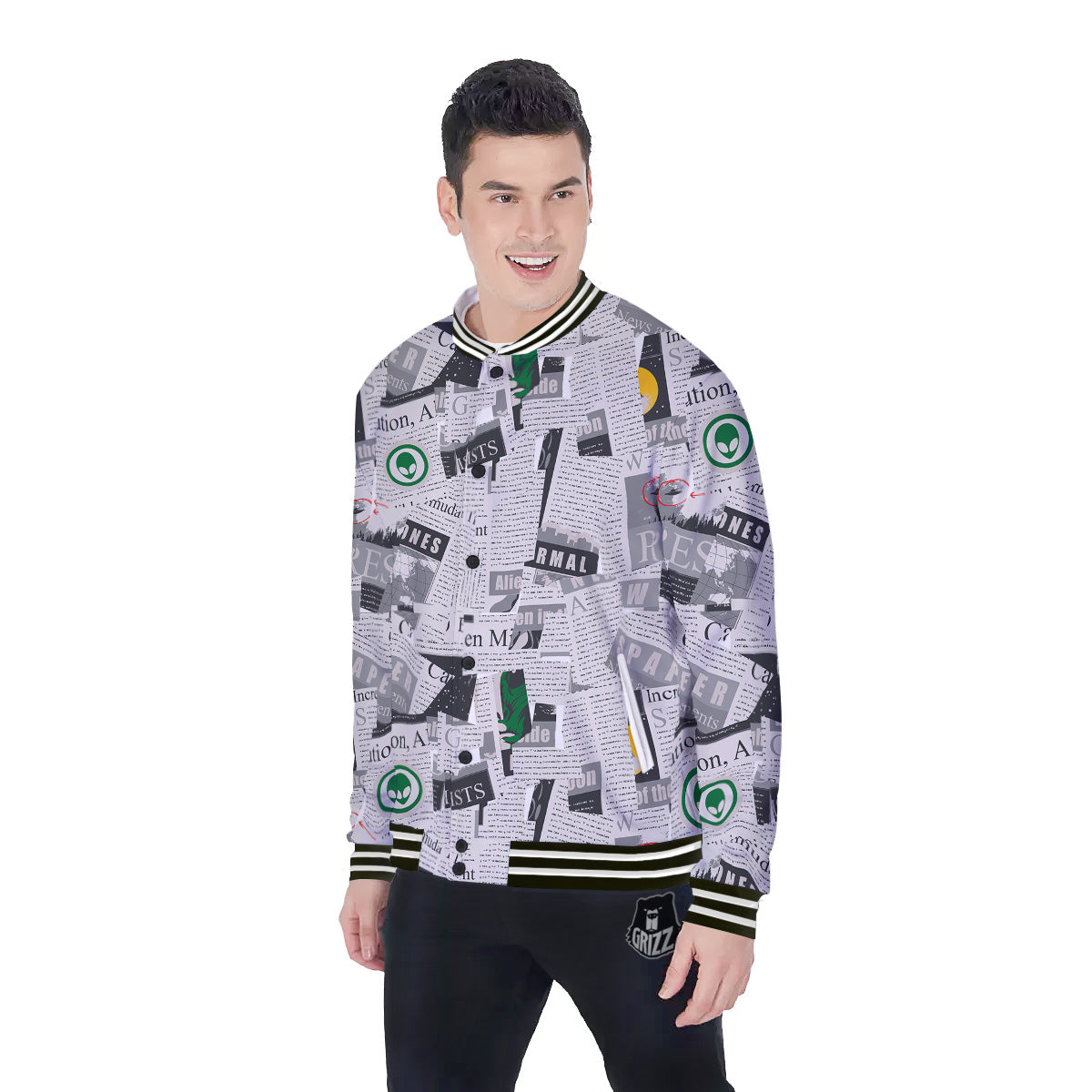 Newspaper Clippings On Aliens Topic Print Pattern Baseball Jacket-grizzshop