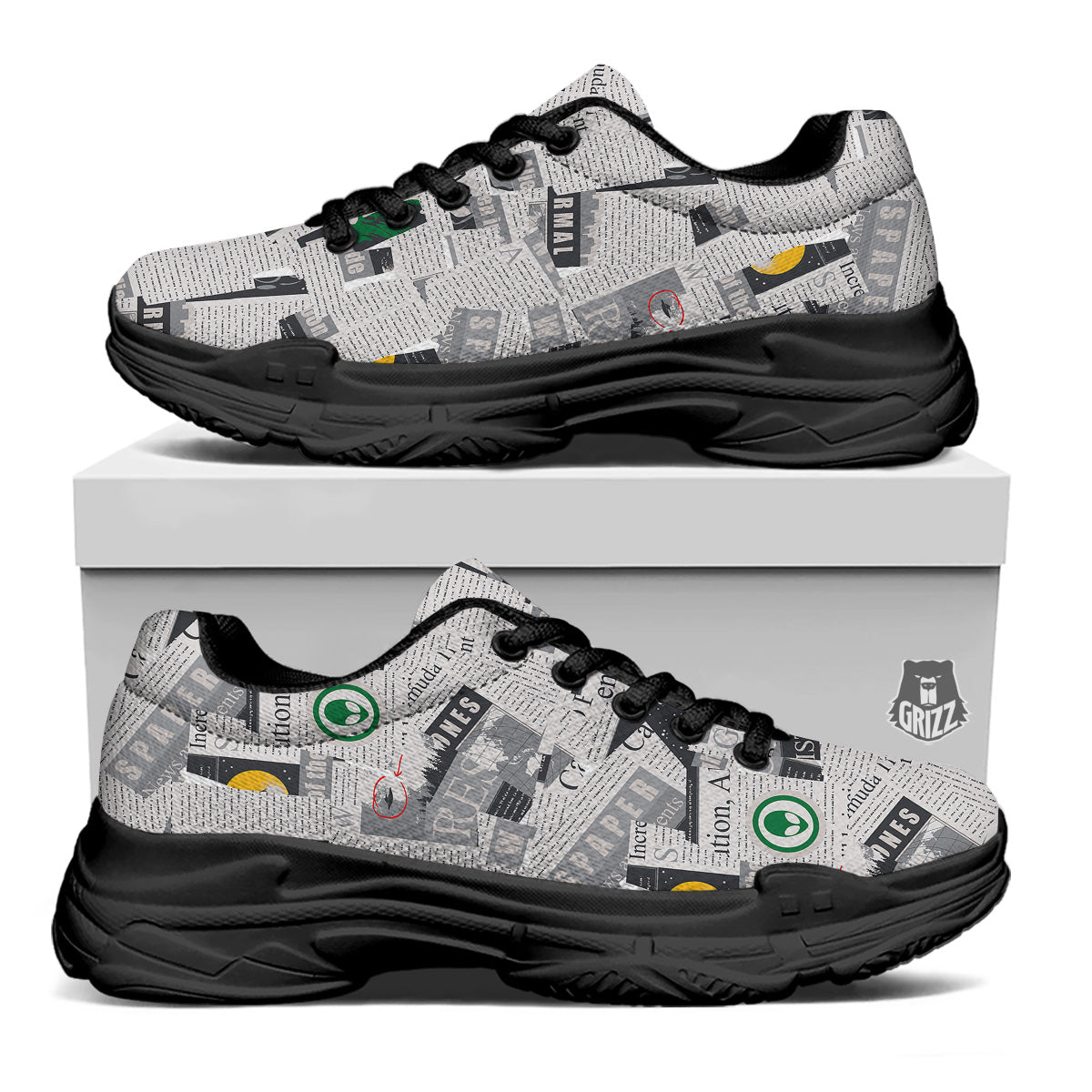 Newspaper Clippings On Aliens Topic Print Pattern Black Chunky Shoes-grizzshop
