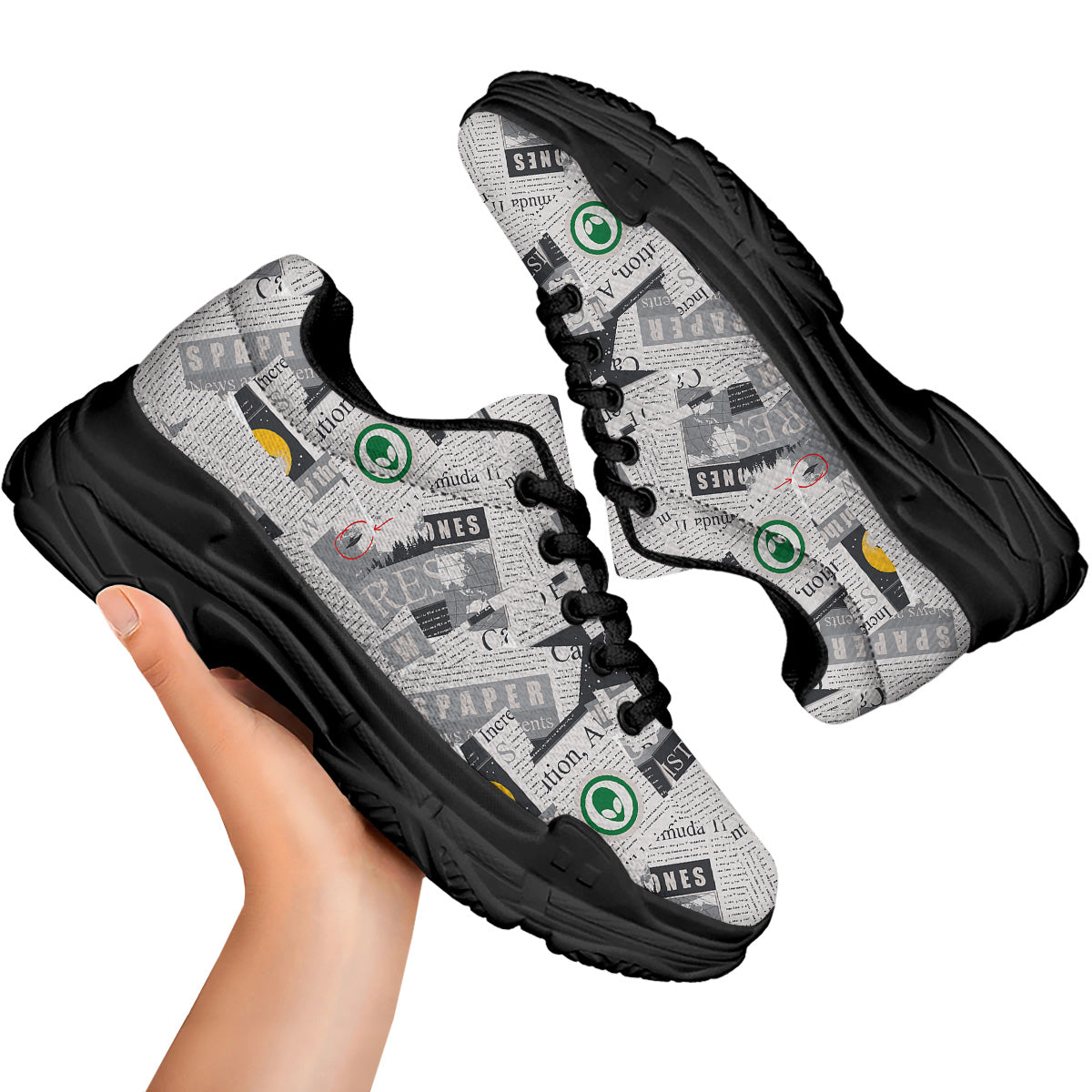 Newspaper Clippings On Aliens Topic Print Pattern Black Chunky Shoes-grizzshop