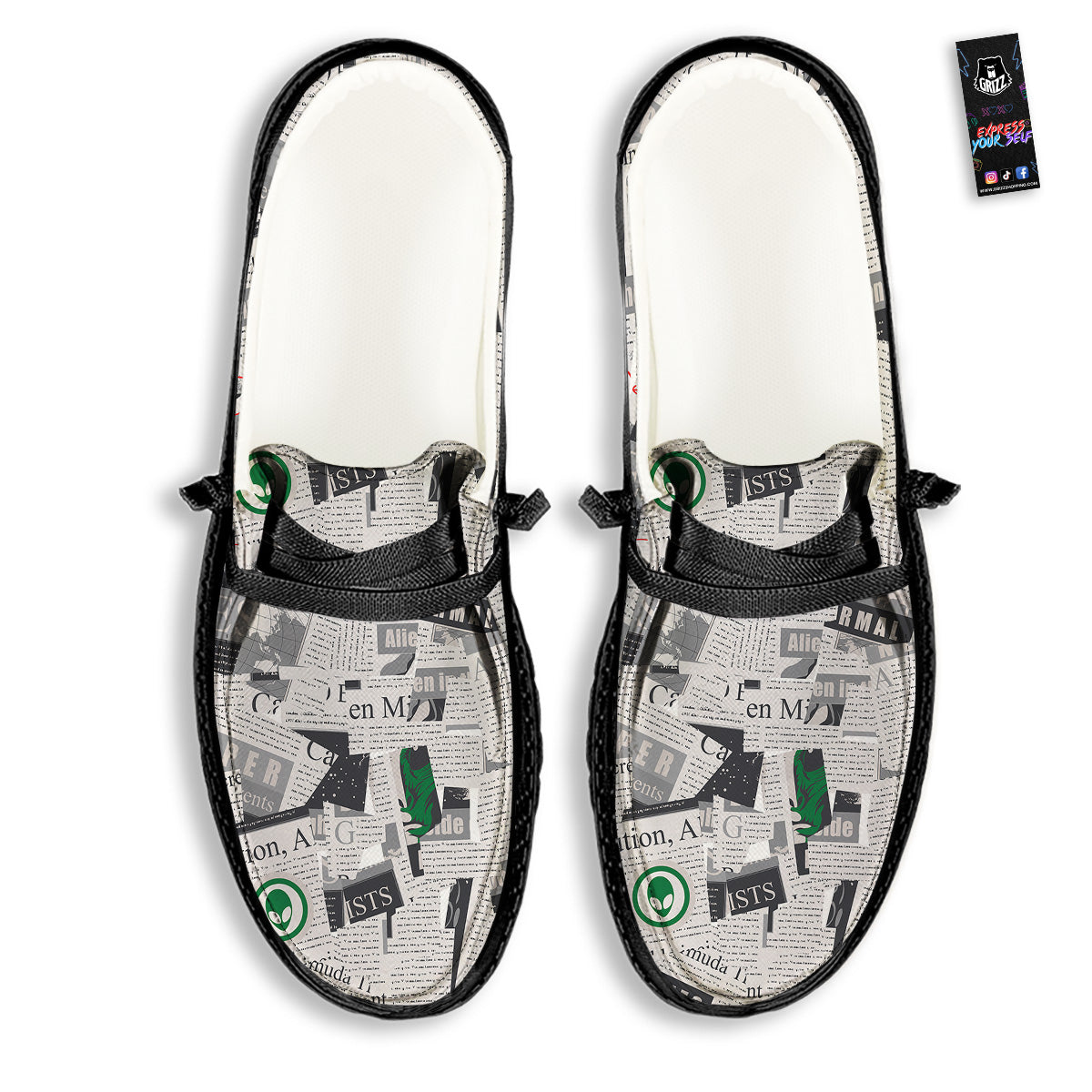 Newspaper Clippings On Aliens Topic Print Pattern Black Loafers-grizzshop