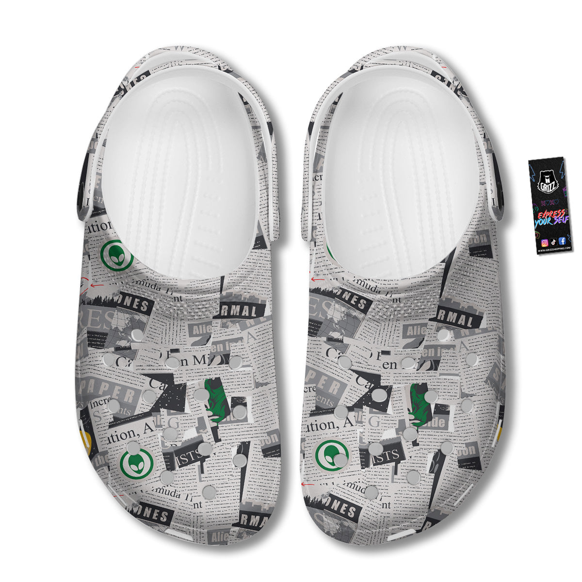 Newspaper Clippings On Aliens Topic Print Pattern Clog-grizzshop