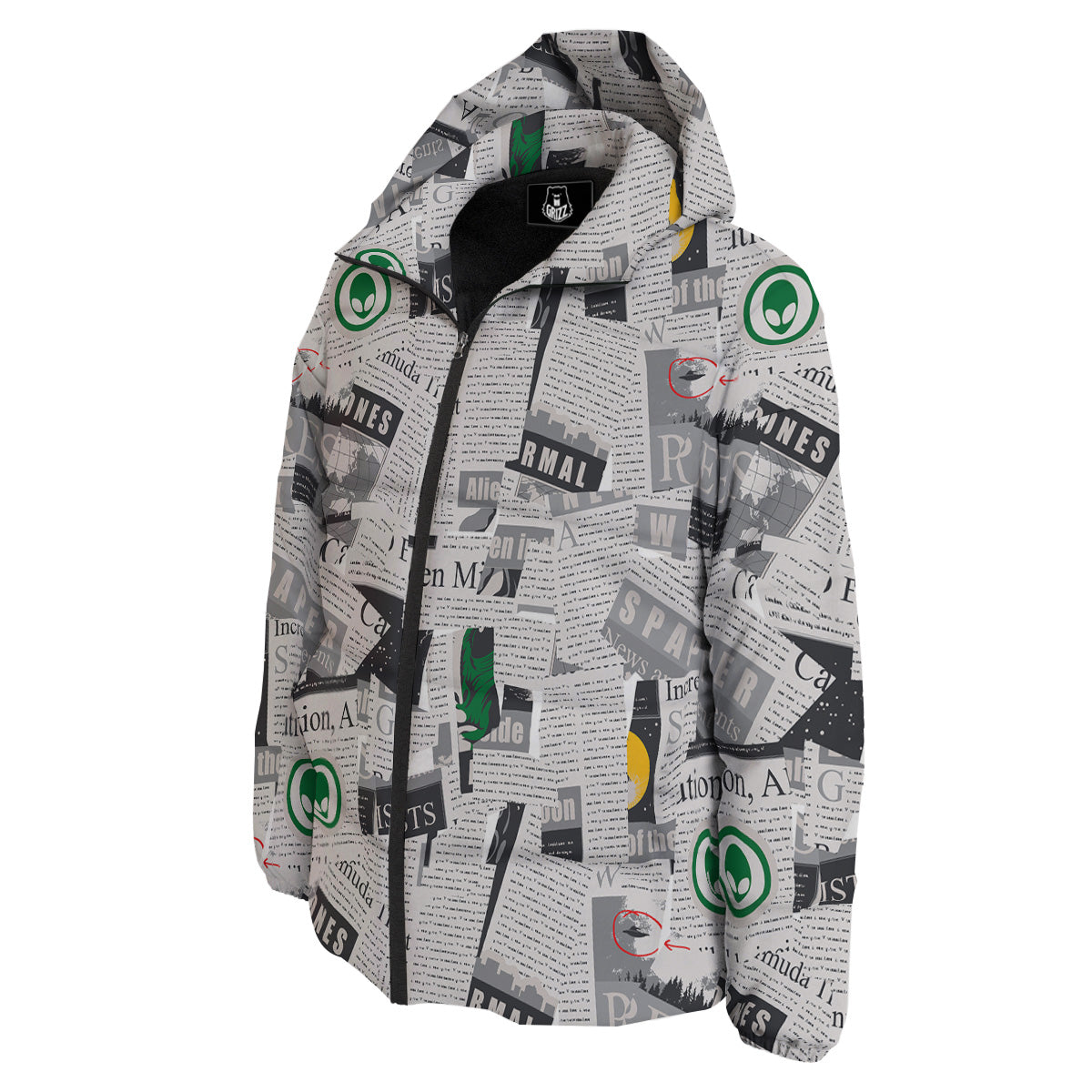 Newspaper Clippings On Aliens Topic Print Pattern Down Jacket-grizzshop
