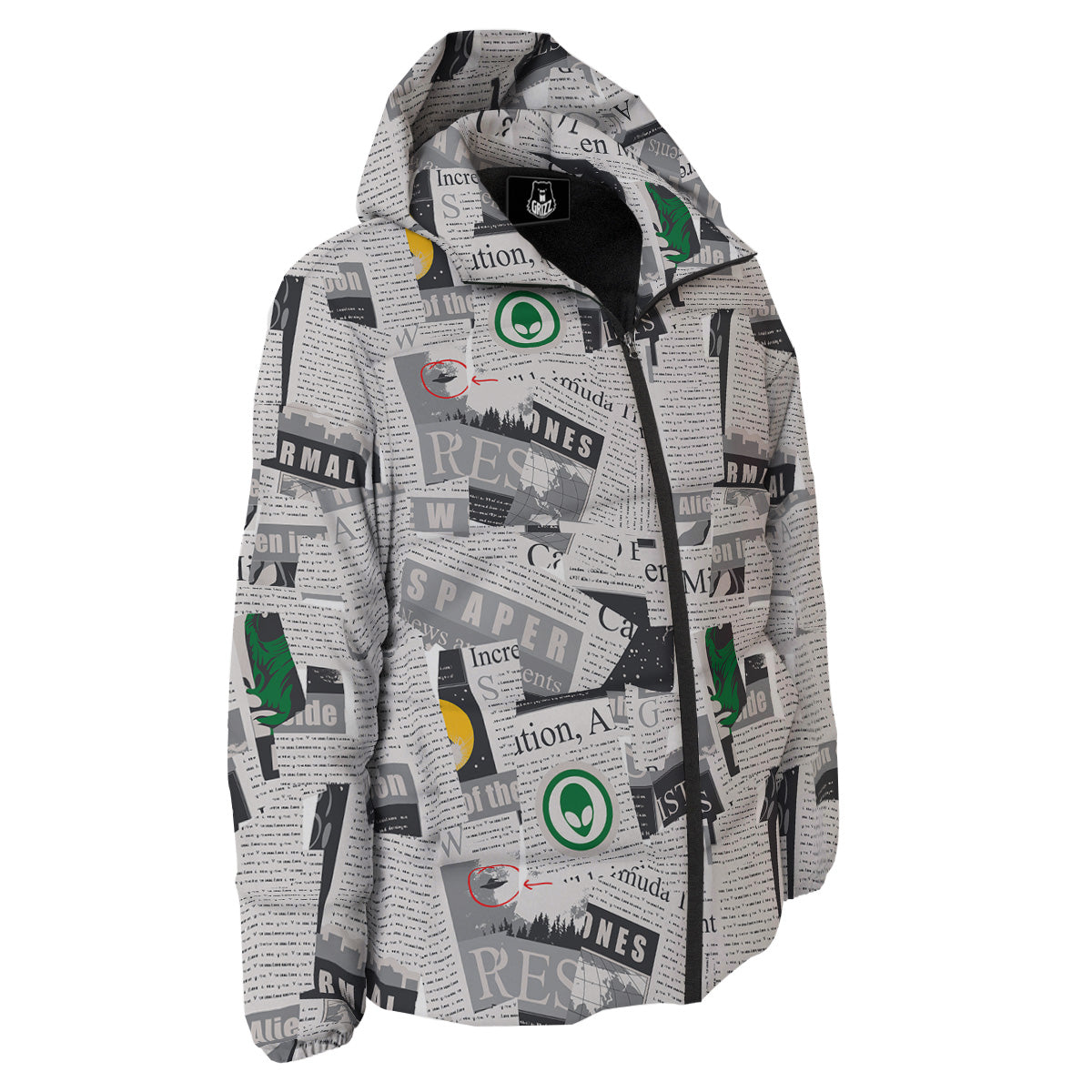 Newspaper Clippings On Aliens Topic Print Pattern Down Jacket-grizzshop